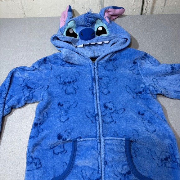 Disney Stitch Fleece Pajamas Sleepwear One Piece Hooded Costume Kids M 8-10 - Picture 2 of 8